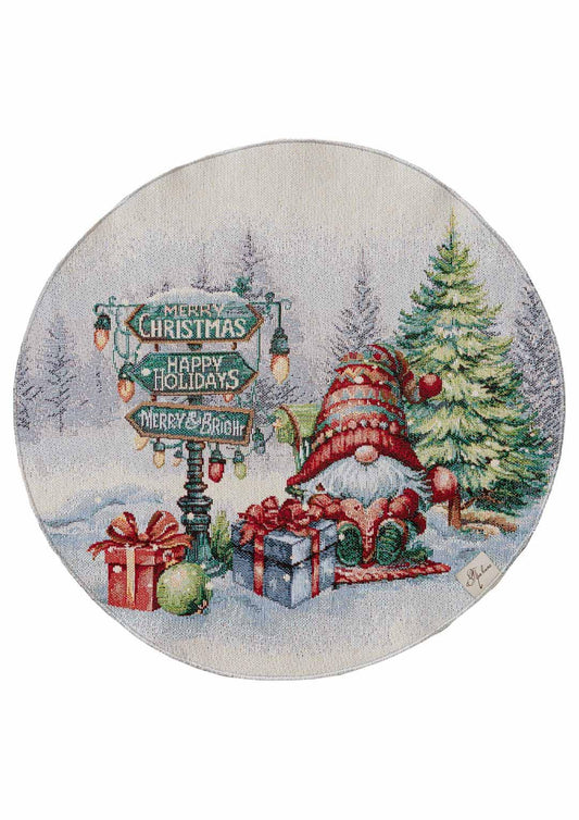Set of Four White Round Placemats With Christmas Gnomes And Presents Pattern | Festive New Year Textile Set, Housewarming Gift