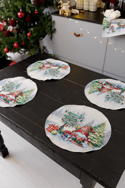 Set of Four White Round Placemats With Christmas Gnomes And Presents Pattern | Festive New Year Textile Set, Housewarming Gift