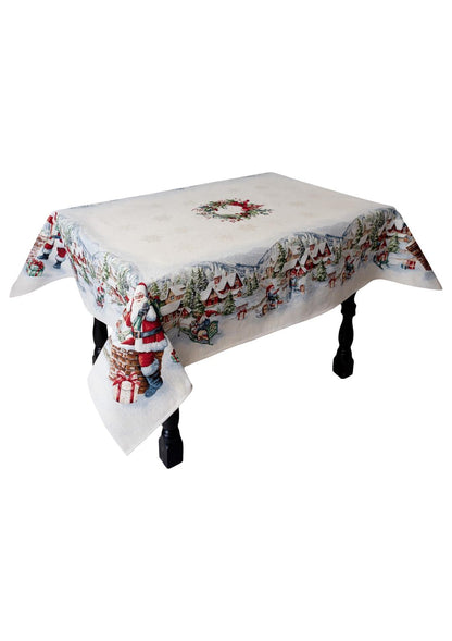 White Tapestry Tablecloth With Santa Claus, Presents, Snowy City Pattern | Winter Holidays Textile, Festive Home Decor