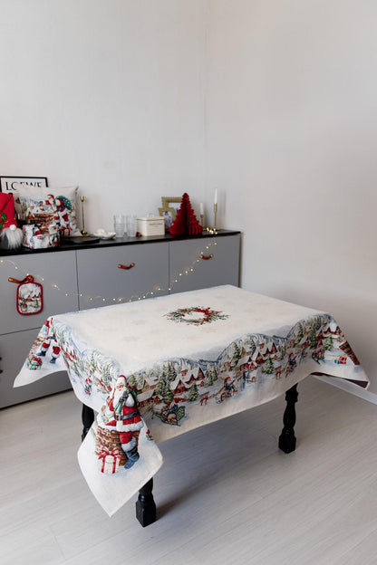White Tapestry Tablecloth With Santa Claus, Presents, Snowy City Pattern | Winter Holidays Textile, Festive Home Decor
