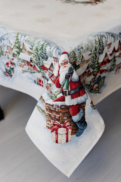 White Tapestry Tablecloth With Santa Claus, Presents, Snowy City Pattern | Winter Holidays Textile, Festive Home Decor