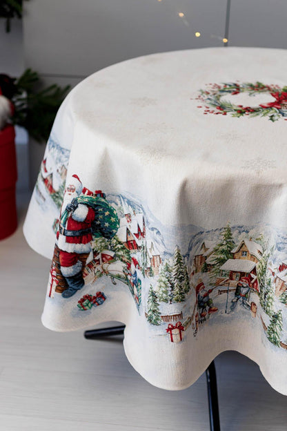 Round White Tapestry Tablecloth With Santa Claus, Presents, Christmas Wreath, Snowy City Pattern | Winter Holidays Textile, Home Decor