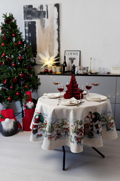 Round White Tapestry Tablecloth With Santa Claus, Presents, Christmas Wreath, Snowy City Pattern | Winter Holidays Textile, Home Decor