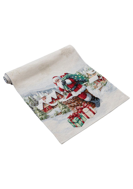 White Tapestry Table Runner With Santa Claus, Chimney, Presents, Christmas Wreath Pattern | Winter Holidays Textile, Festive Home Decor