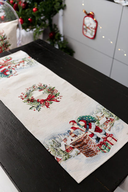 White Tapestry Table Runner With Santa Claus, Chimney, Presents, Christmas Wreath Pattern | Winter Holidays Textile, Festive Home Decor