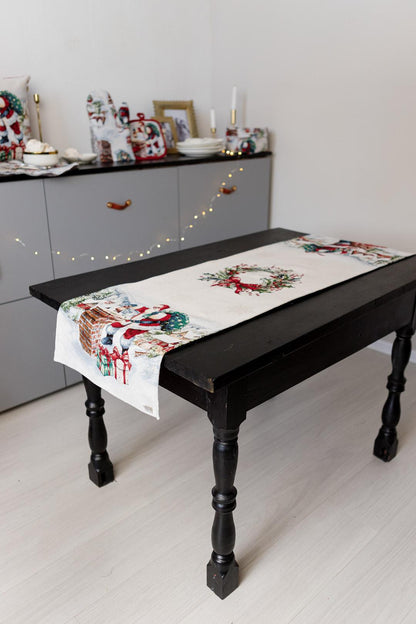White Tapestry Table Runner With Santa Claus, Chimney, Presents, Christmas Wreath Pattern | Winter Holidays Textile, Festive Home Decor