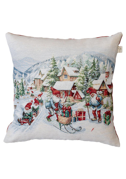 White Tapestry Pillowcase With Santa Claus, Presents, Chimney Pattern | Winter Holidays Textile, Festive Home Decor