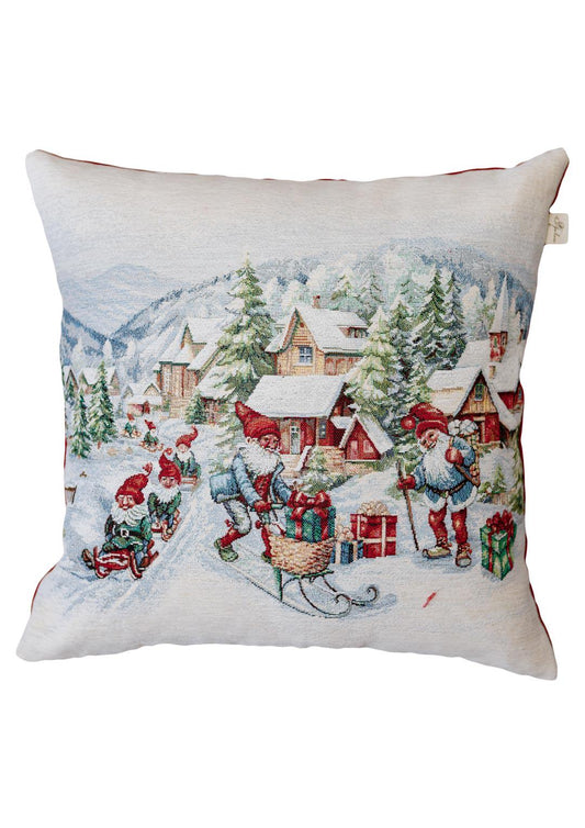 White Tapestry Pillowcase With Christmas Gnomes, Presents, Snowy City Pattern | Winter Holidays Textile, Festive Home Decor