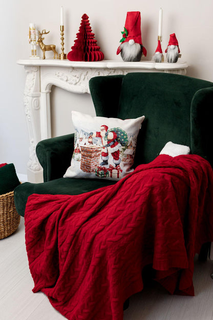 White Tapestry Pillowcase With Santa Claus, Presents, Chimney Pattern | Winter Holidays Textile, Festive Home Decor