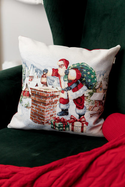 White Tapestry Pillowcase With Santa Claus, Presents, Chimney Pattern | Winter Holidays Textile, Festive Home Decor