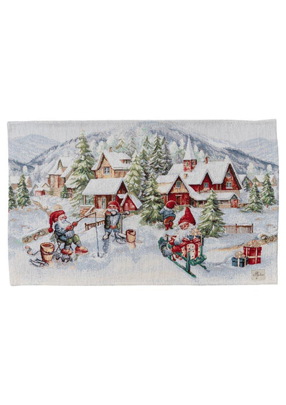 Set Of Four White Tapestry Placemats With Christmas Gnomes And Sled Pattern | Festive New Year Textile Set, Housewarming Gift