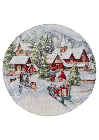 Set Of Four Round White Tapestry Placemats With Christmas Gnomes And Sled Pattern | Festive New Year Textile Set, Housewarming Gift