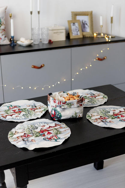 Set Of Four Round White Tapestry Placemats With Christmas Gnomes And Sled Pattern | Festive New Year Textile Set, Housewarming Gift