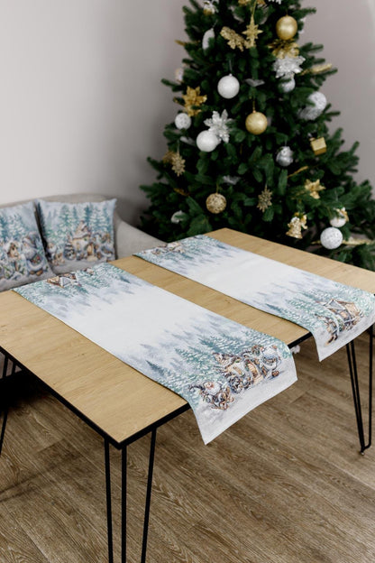 White Tapestry Table Runner With Christmas Gnomes, Hut And Snowy Forest Pattern | Winter Holidays Textile, Festive Home Decor