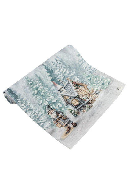 White Tapestry Table Runner With Christmas Gnomes, Hut And Snowy Forest Pattern | Winter Holidays Textile, Festive Home Decor