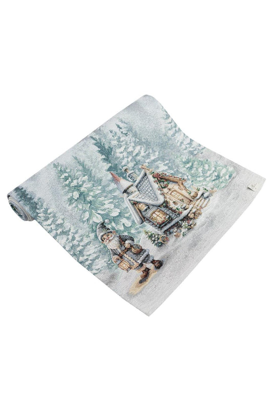 White Tapestry Table Runner With Christmas Gnomes, Hut And Snowy Forest Pattern | Winter Holidays Textile, Festive Home Decor