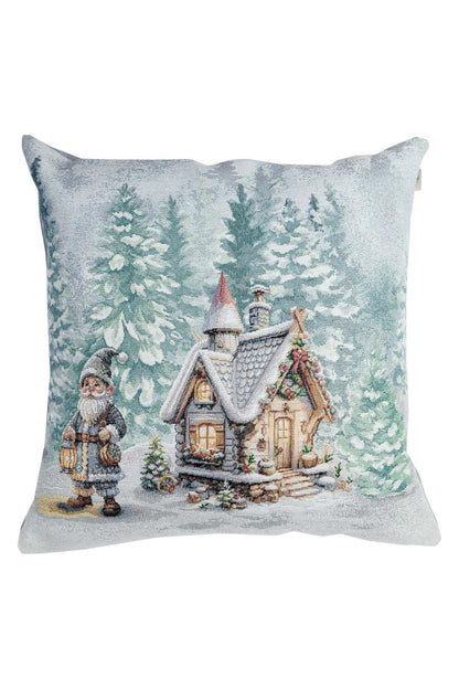 Set Of Three White Tapestry Pillowcases With Christmas Gnomes, Hut, Snowy Forest Pattern | Winter Holidays Textile, Festive Home Decor