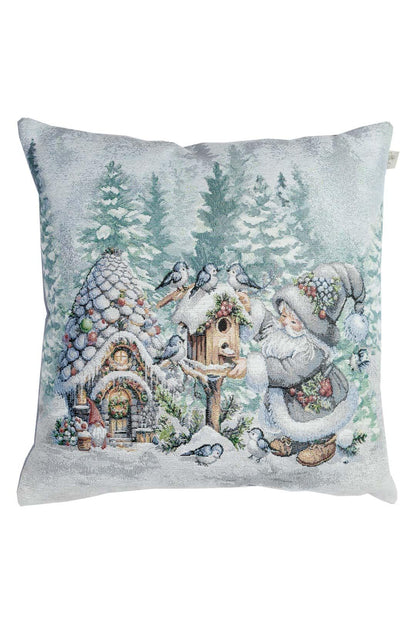 Set Of Three White Tapestry Pillowcases With Christmas Gnomes, Hut, Snowy Forest Pattern | Winter Holidays Textile, Festive Home Decor