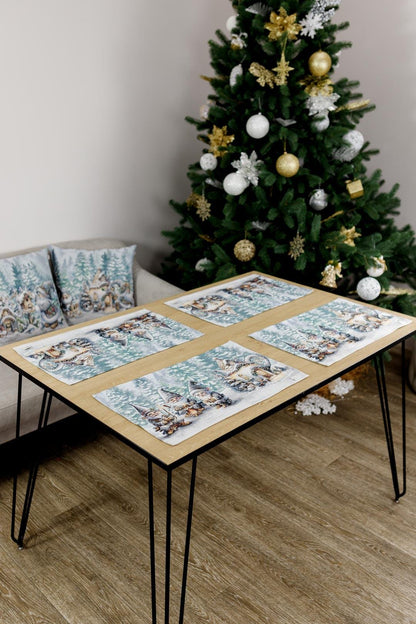 Set of Four White Tapestry Placemats With Christmas Gnomes And Bonfire Pattern | Festive New Year Textile Set, Housewarming Gift