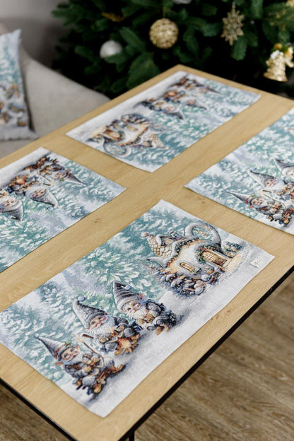 Set of Four White Tapestry Placemats With Christmas Gnomes And Bonfire Pattern | Festive New Year Textile Set, Housewarming Gift