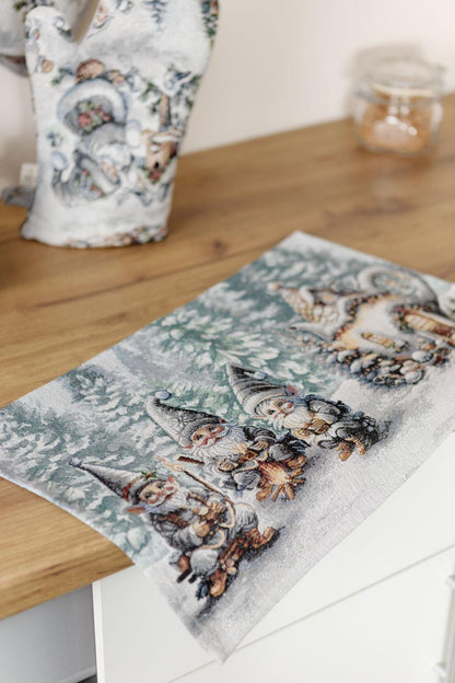 Set of Four White Tapestry Placemats With Christmas Gnomes And Bonfire Pattern | Festive New Year Textile Set, Housewarming Gift
