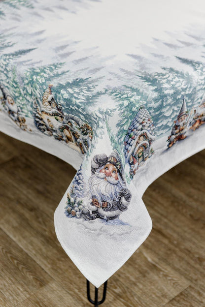 White Tapestry Tablecloth With Christmas Gnomes, Bonfire, Hut, Snowy Forest Pattern | Winter Holidays Textile, Festive Home Decor