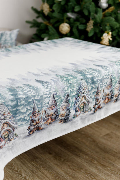 White Tapestry Tablecloth With Christmas Gnomes, Bonfire, Hut, Snowy Forest Pattern | Winter Holidays Textile, Festive Home Decor