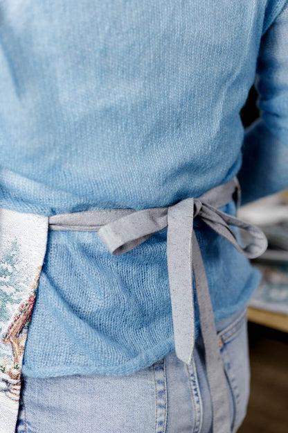 Set Of Christmas Tapestry Kitchen Apron, Oven Mitten, Potholder With X-mas Gnomes Pattern | New Year Textile Set, Winter Holidays Gift