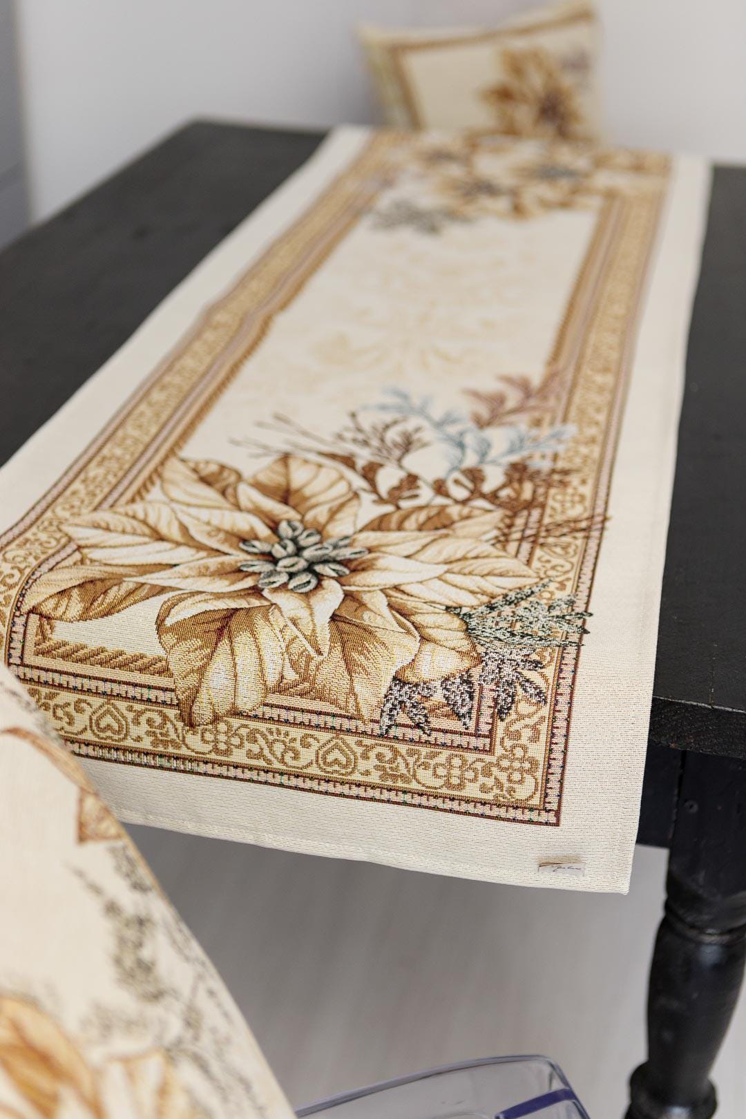 Gold Tapestry Table Runner With Christmas Poinsettia Flower Pattern | New Year Festive Home Decor, Housewarming Gift Idea