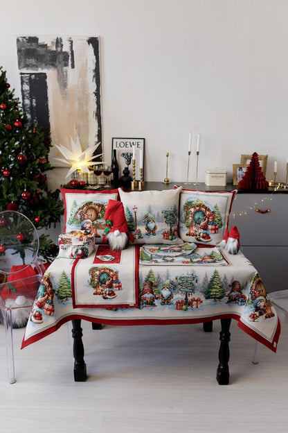 Set Of Christmas Tapestry Kitchen Apron, Oven Mitten, Potholder With X-mas Gnomes, Presents And Bonfire Pattern | New Year Textile Set