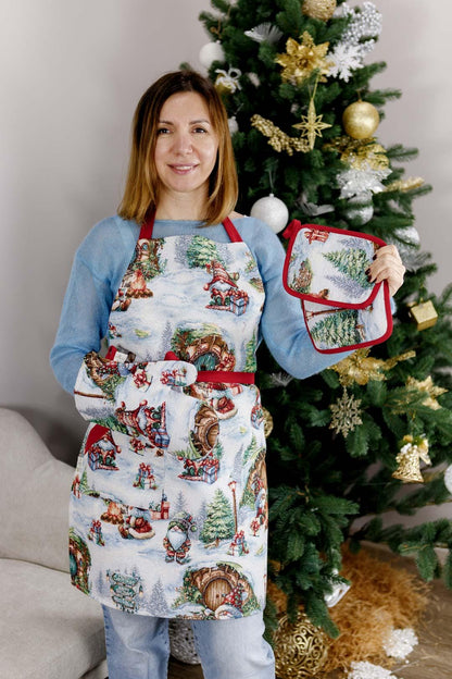 Set Of Christmas Tapestry Kitchen Apron, Oven Mitten, Potholder With X-mas Gnomes, Presents And Bonfire Pattern | New Year Textile Set