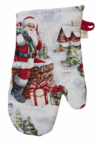 Set Of Christmas Tapestry Kitchen Apron, Oven Mitten, Potholder With Santa Claus, Chimney, Presents Pattern | New Year Textile Set