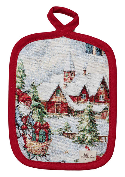 Set Of Christmas Tapestry Kitchen Apron, Oven Mitten, Potholder With Santa Claus, Chimney, Presents Pattern | New Year Textile Set