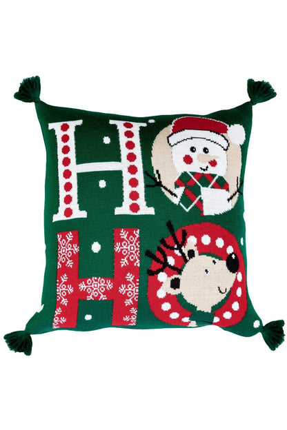 Green Christmas Knitted Pillowcase With Tassels, Ho Ho, Reindeer, Penguin, Snowman Pattern | New Year Home Decor, Throw And Pillow Cover Set