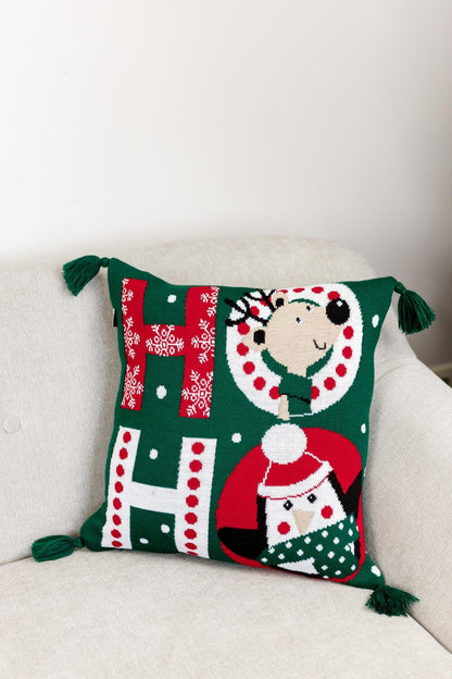 Green Christmas Knitted Pillowcase With Tassels, Ho Ho, Reindeer, Penguin, Snowman Pattern | New Year Home Decor, Throw And Pillow Cover Set