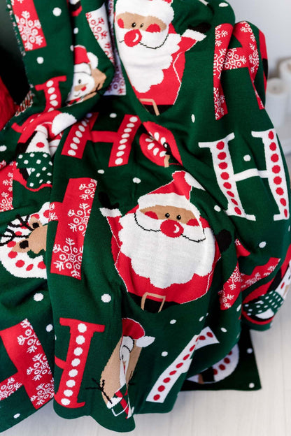 Green Christmas Blanket With Santa Claus, Reindeer, Penguin Pattern | Ho-Ho Words Print Throw, Housewarming Present