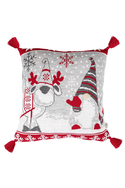 Grey And Red Knitted Pillowcase With Tassels, Christmas Gnomes Pattern | New Year Home Decor, Throw And Pillow Cover Set
