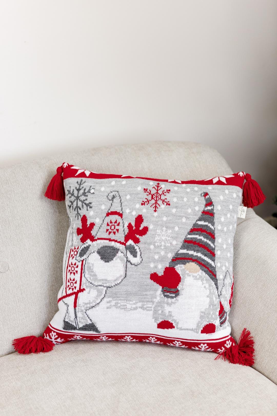 Grey And Red Knitted Pillowcase With Tassels, Christmas Gnomes Pattern | New Year Home Decor, Throw And Pillow Cover Set