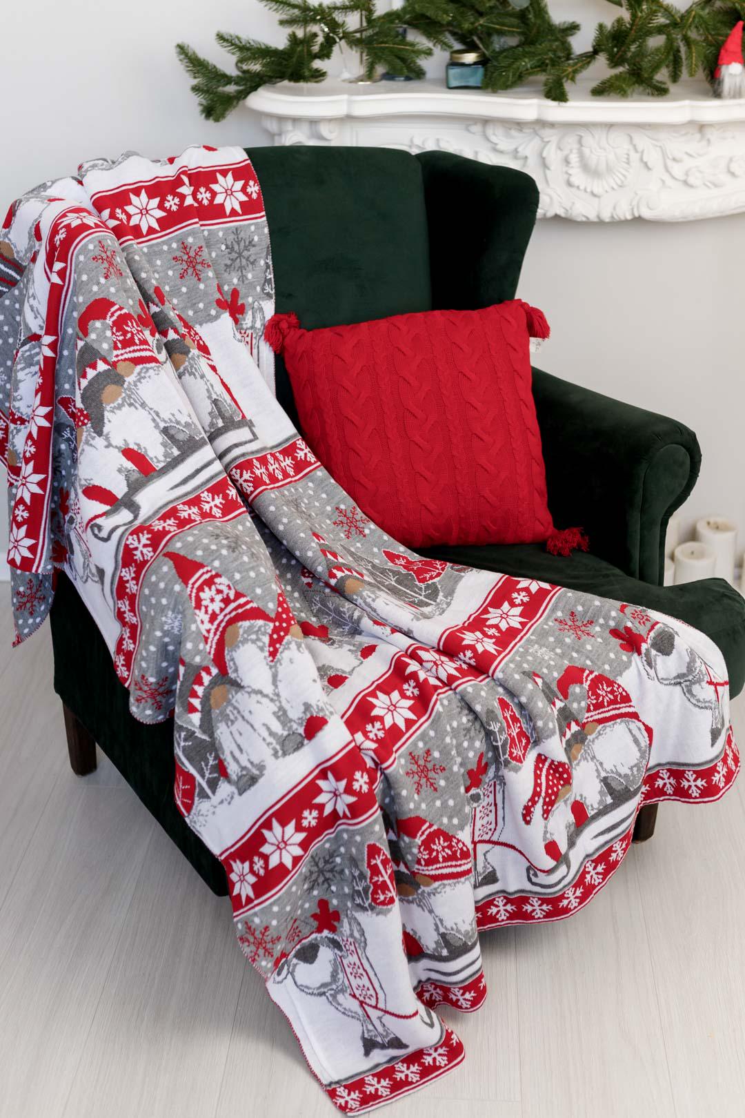 Grey And Red Knitted Blanket With Christmas Gnomes Pattern | New Year Home Decor, Throw And Pillow Cover Set