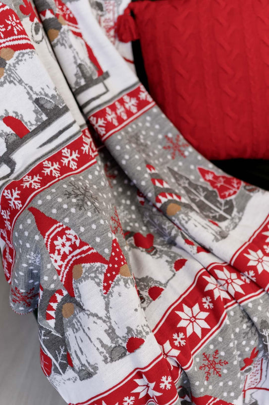 Grey And Red Knitted Blanket With Christmas Gnomes Pattern | New Year Home Decor, Throw And Pillow Cover Set