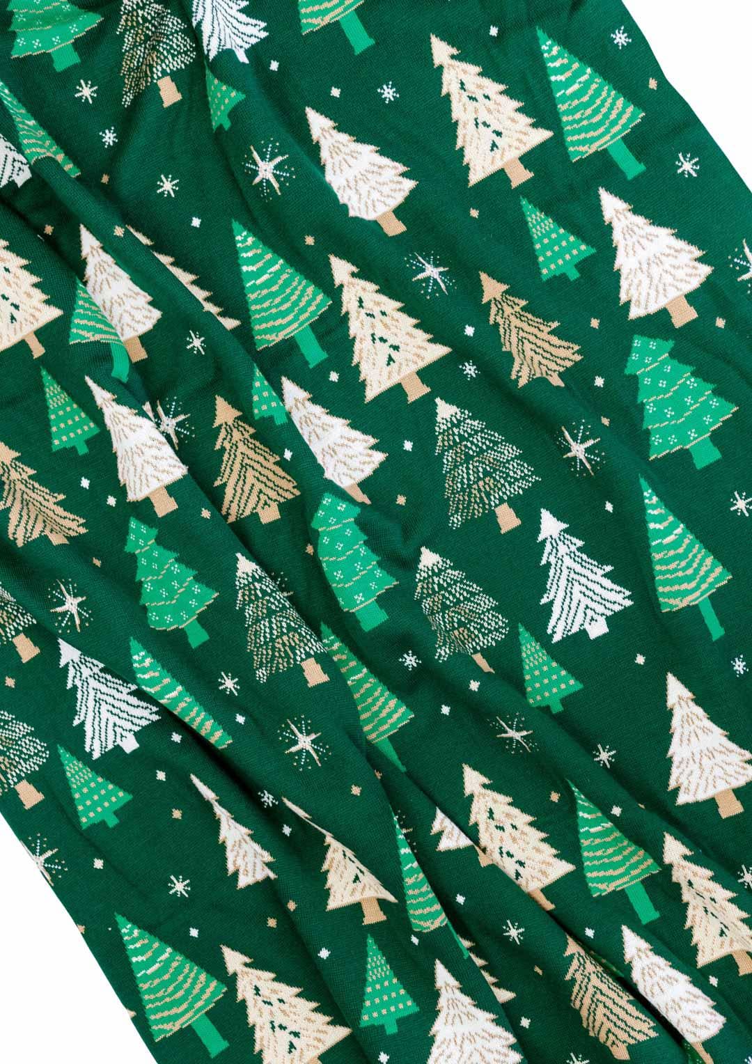 Green Knitted Blanket With Christmas Trees Pattern | New Year Home Decor, Throw And Pillow Cover Set