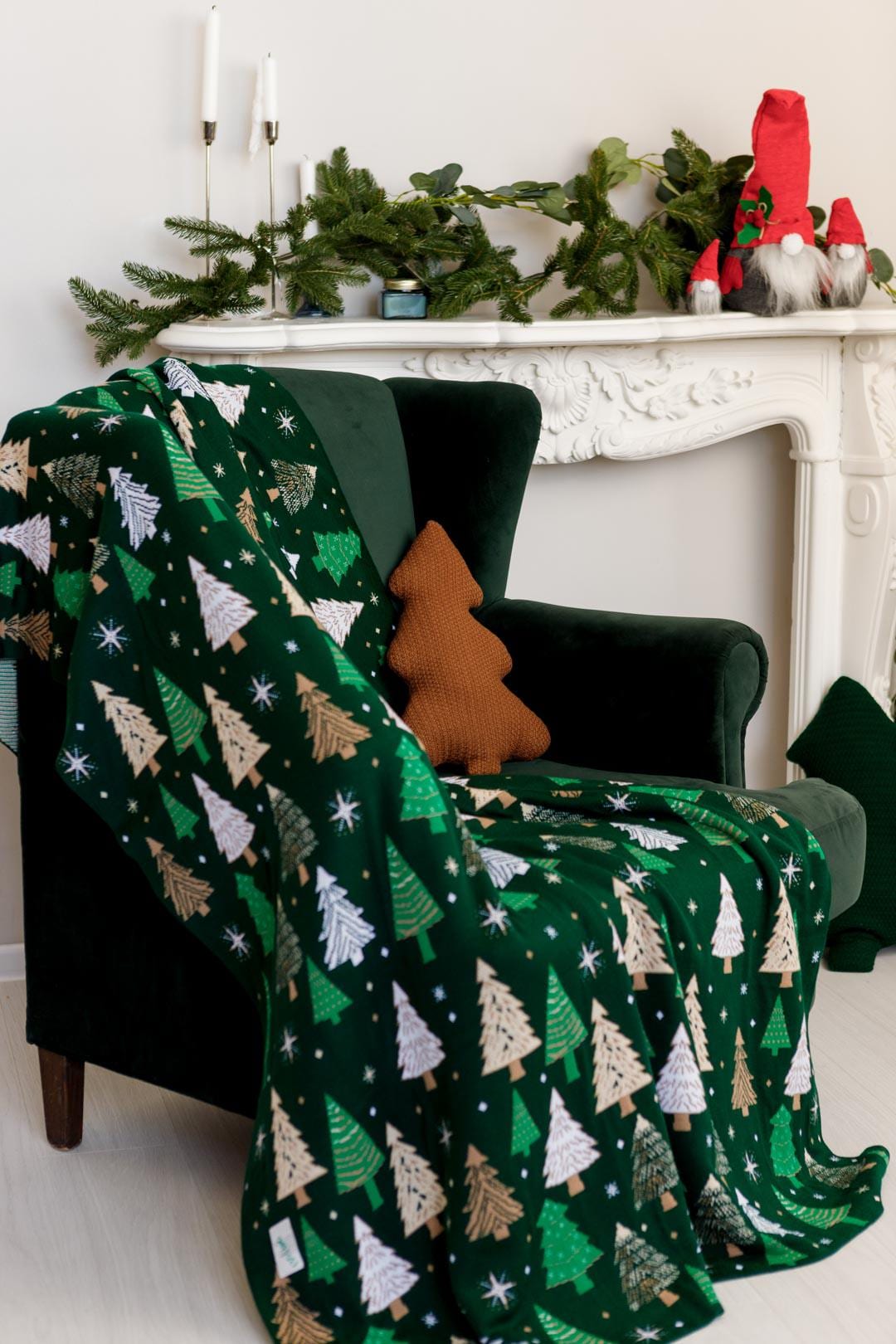 Green Knitted Blanket With Christmas Trees Pattern | New Year Home Decor, Throw And Pillow Cover Set