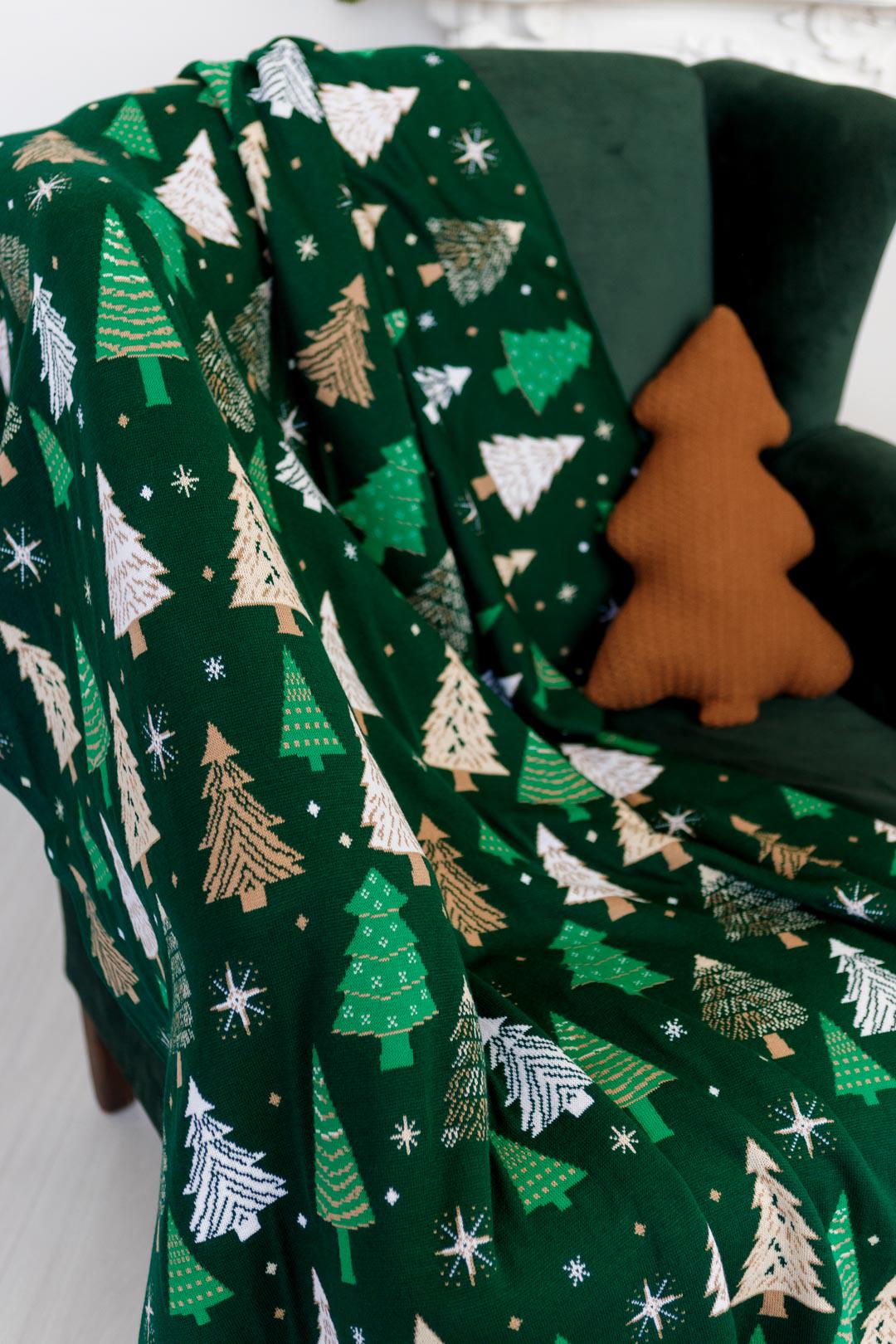 Green Knitted Blanket With Christmas Trees Pattern | New Year Home Decor, Throw And Pillow Cover Set