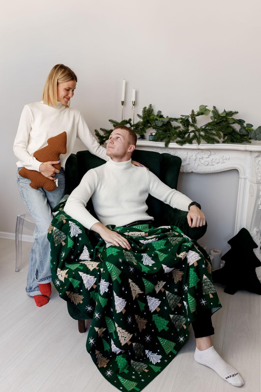 Green Knitted Blanket With Christmas Trees Pattern | New Year Home Decor, Throw And Pillow Cover Set