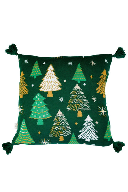 Green Knitted Pillowcase With Christmas Trees Pattern | New Year Home Decor, Throw And Pillow Cover Set