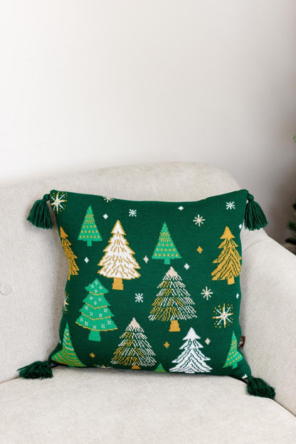 Green Knitted Pillowcase With Christmas Trees Pattern | New Year Home Decor, Throw And Pillow Cover Set