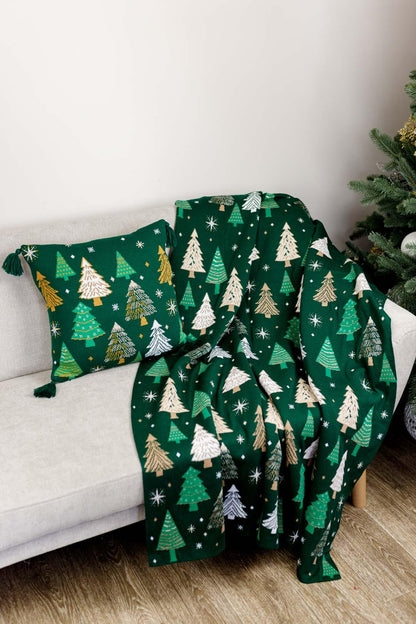 Green Knitted Pillowcase With Christmas Trees Pattern | New Year Home Decor, Throw And Pillow Cover Set