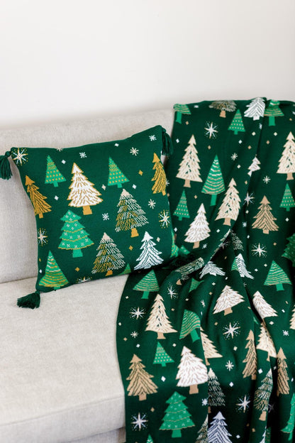 Green Knitted Pillowcase With Christmas Trees Pattern | New Year Home Decor, Throw And Pillow Cover Set
