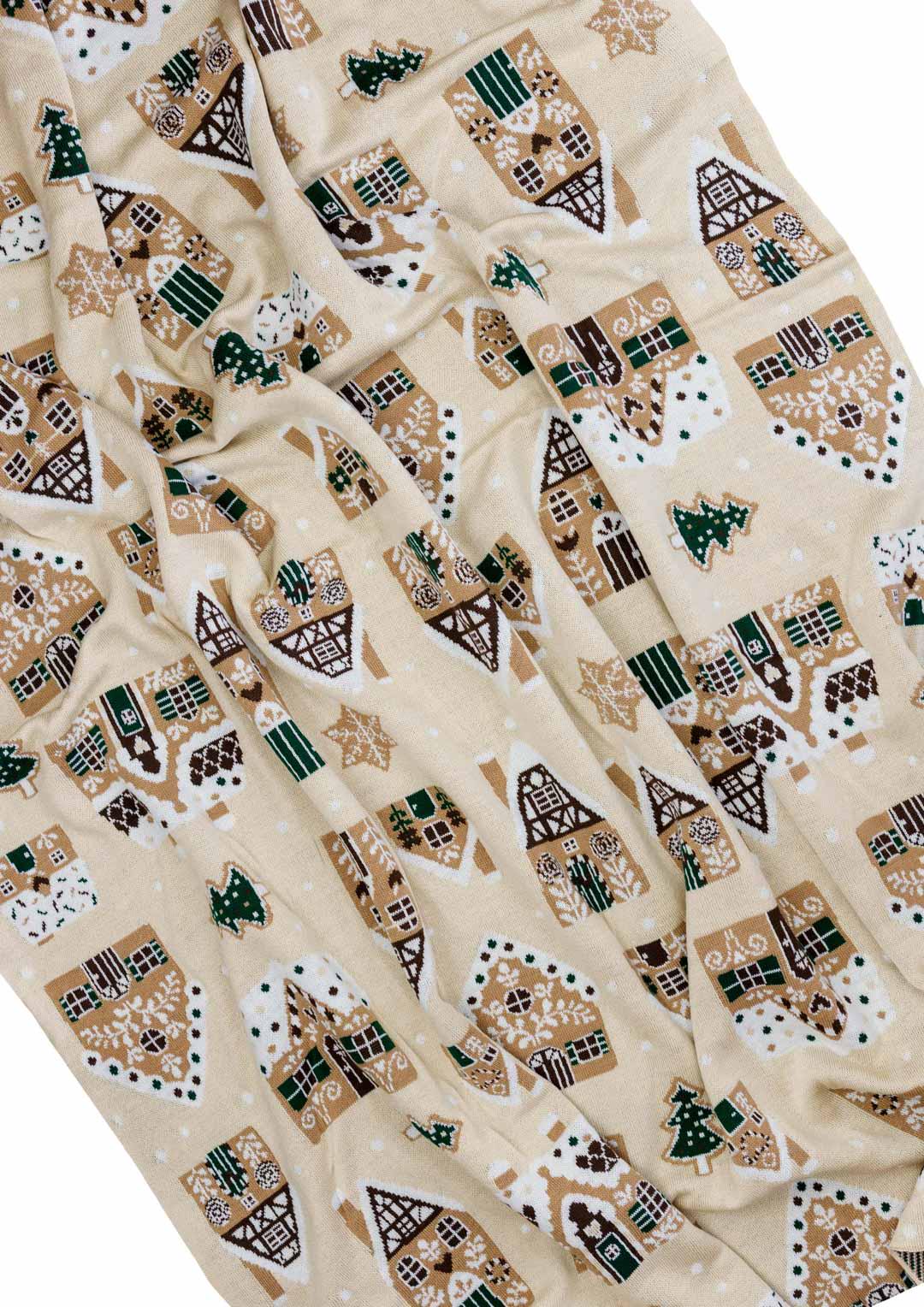 Beige Christmas Knitted Blanket With Gingerbread Pattern | New Year Home Decor, Throw And Pillow Set