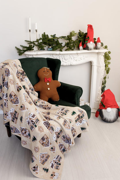 Beige Christmas Knitted Blanket With Gingerbread Pattern | New Year Home Decor, Throw And Pillow Set